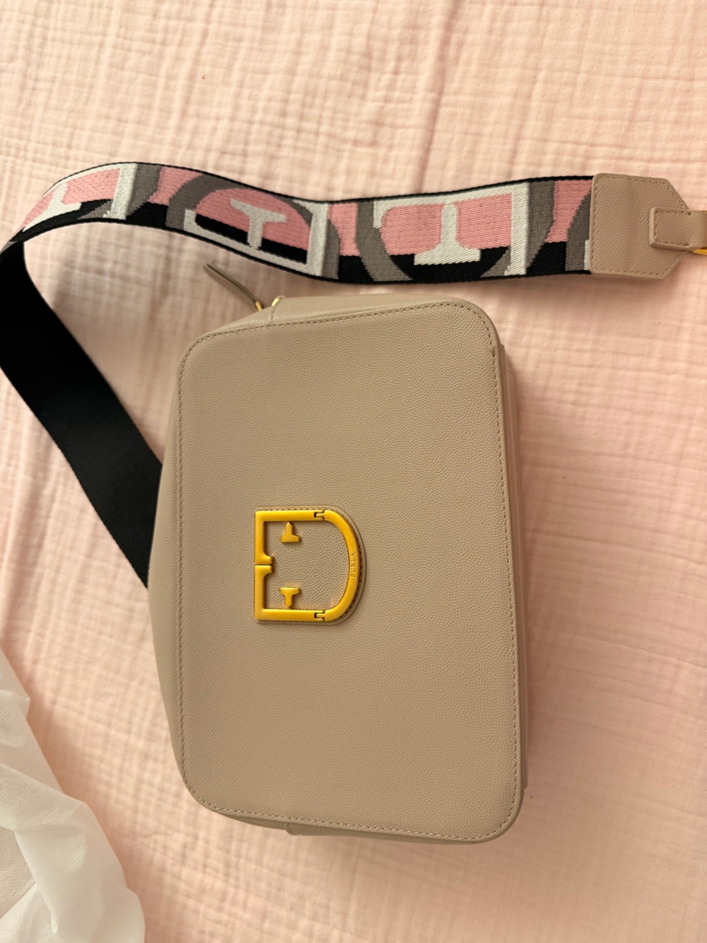 Furla Beige Crossbody Bag with Yellow Logo and Pink-Patterned Strap